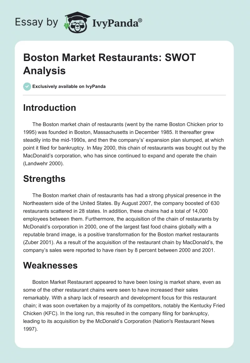 Boston Market Restaurants: SWOT Analysis. Page 1