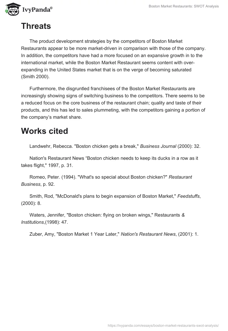 Boston Market Restaurants: SWOT Analysis. Page 3
