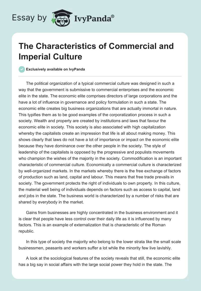 The Characteristics of Commercial and Imperial Culture. Page 1