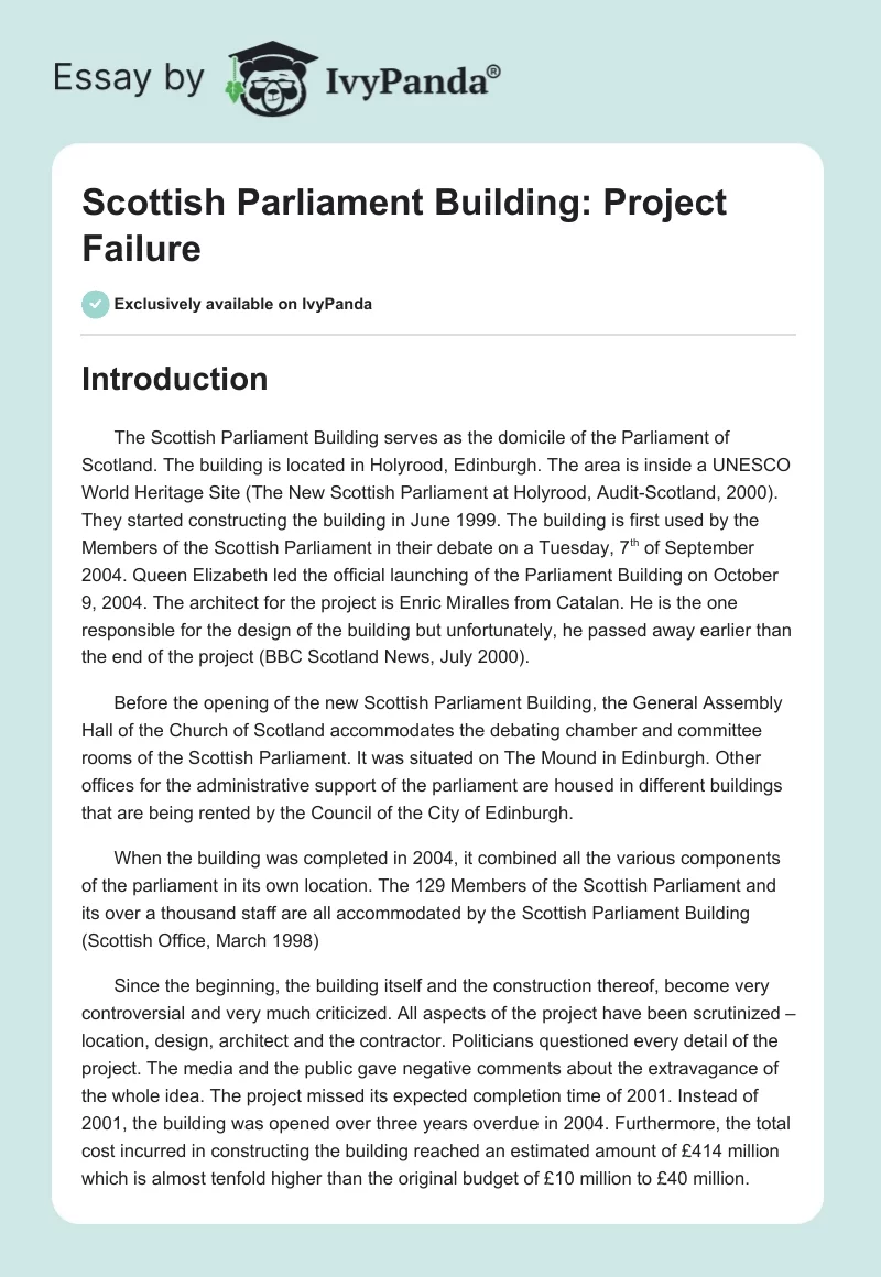 Scottish Parliament Building: Project Failure. Page 1