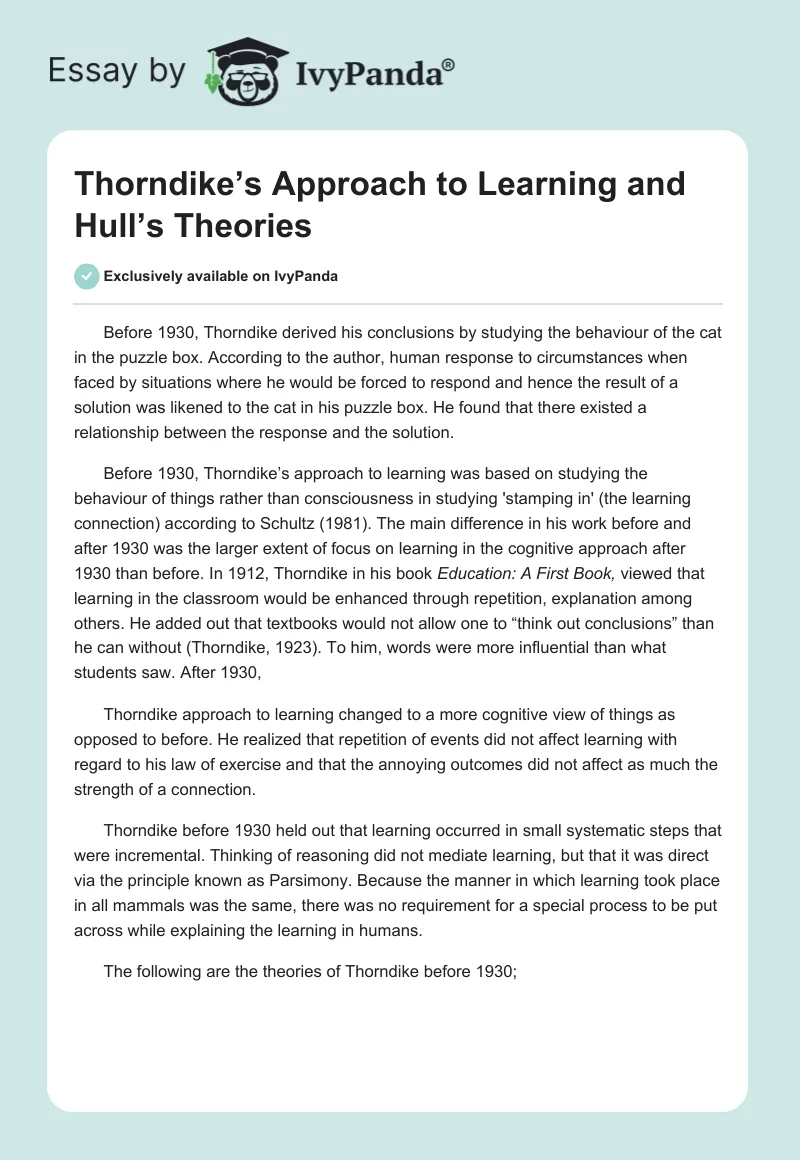 Thorndike’s Approach to Learning and Hull’s Theories. Page 1