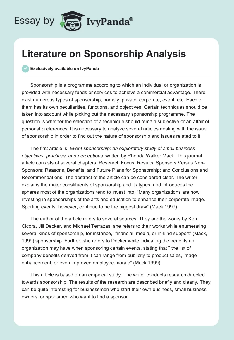 Literature on Sponsorship Analysis. Page 1