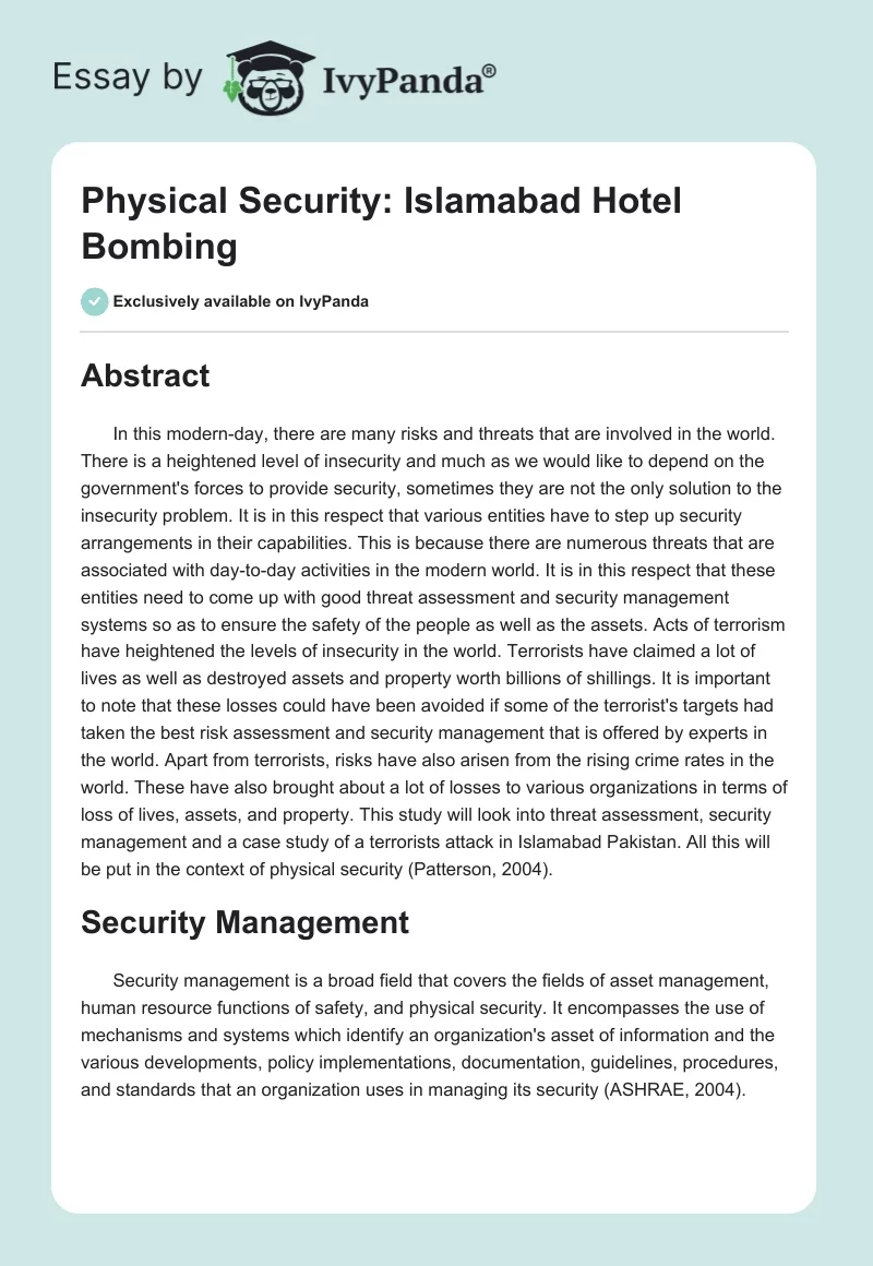 Physical Security: Islamabad Hotel Bombing. Page 1