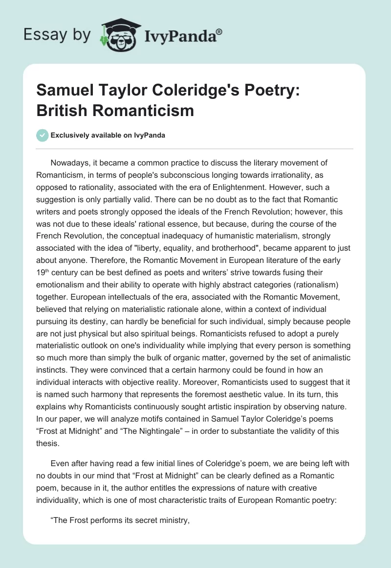 Samuel Taylor Coleridge's Poetry: British Romanticism. Page 1