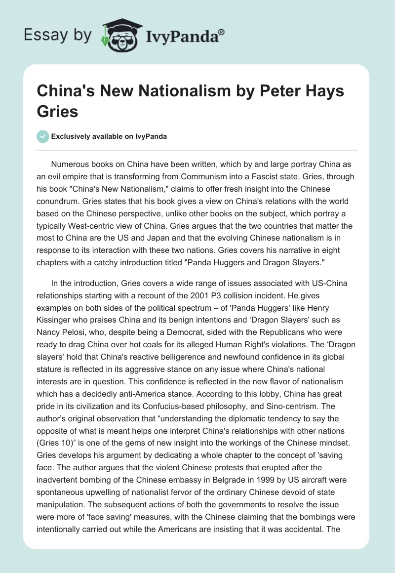 "China's New Nationalism" by Peter Hays Gries. Page 1