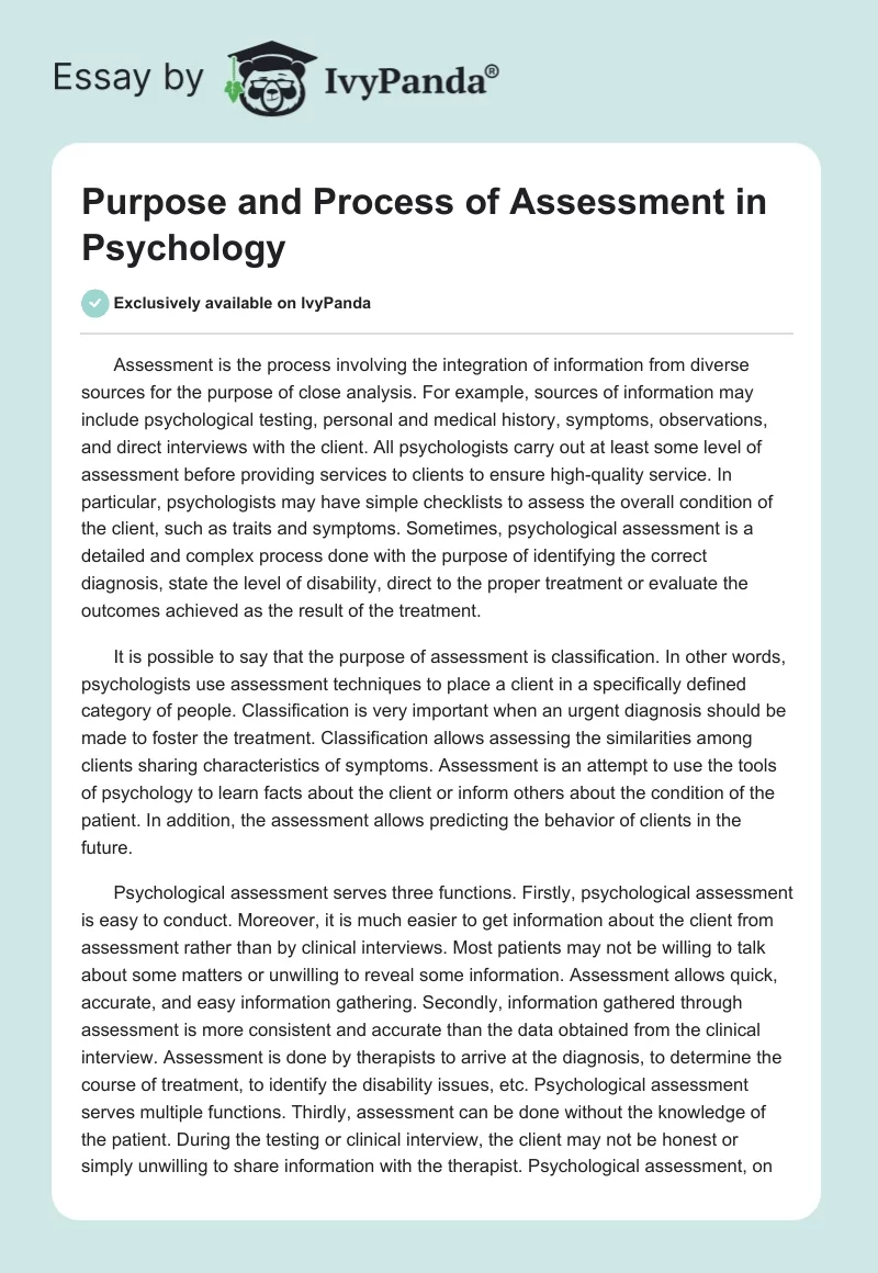Purpose and Process of Assessment in Psychology. Page 1