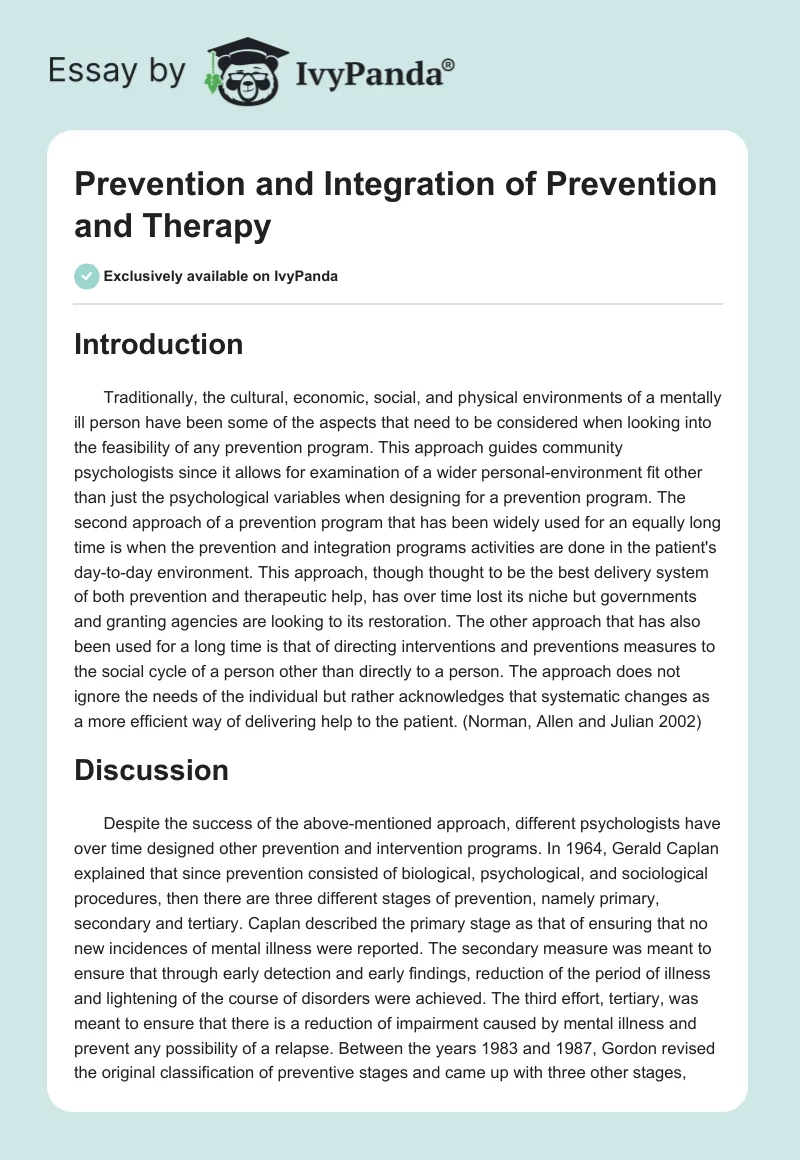 Prevention and Integration of Prevention and Therapy. Page 1