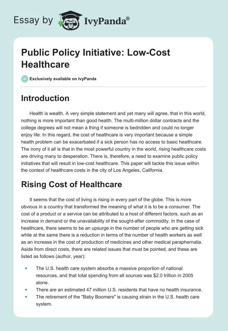 Public Policy Initiative: Low-Cost Healthcare. Page 1