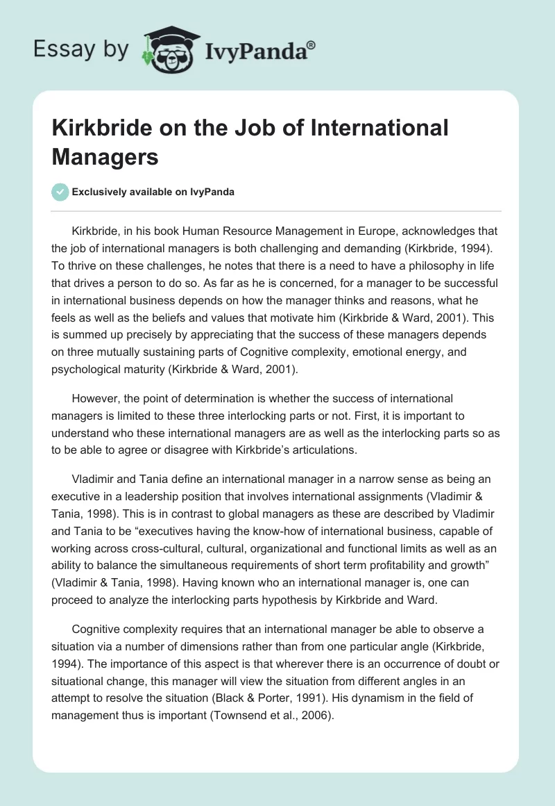 Kirkbride on the Job of International Managers. Page 1