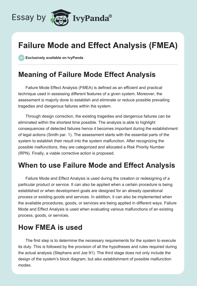 Failure Mode and Effect Analysis (FMEA). Page 1