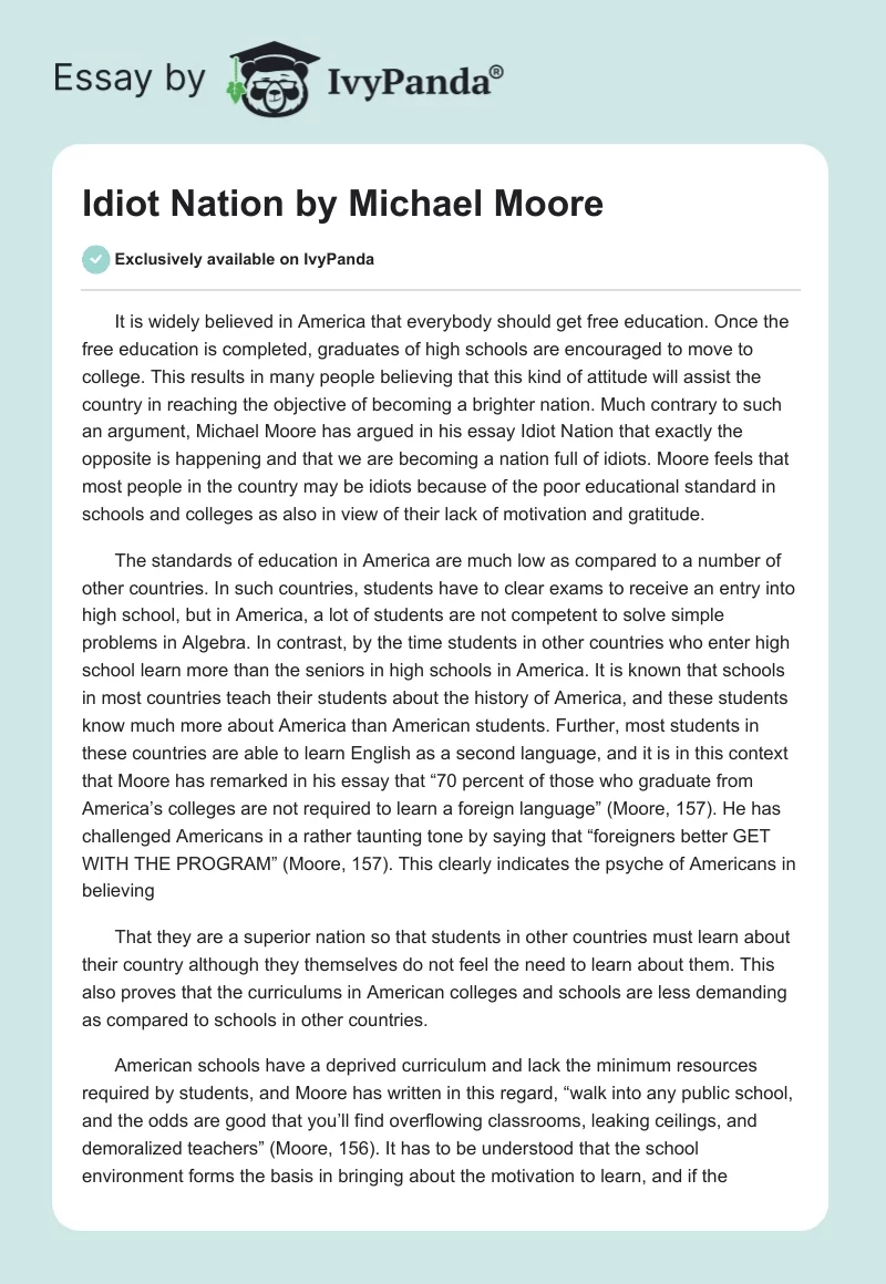 "Idiot Nation" by Michael Moore. Page 1