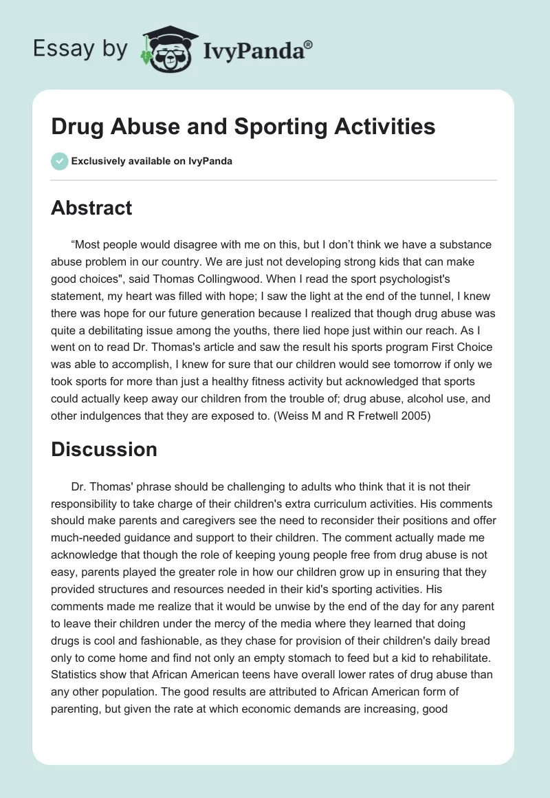 Drug Abuse and Sporting Activities. Page 1