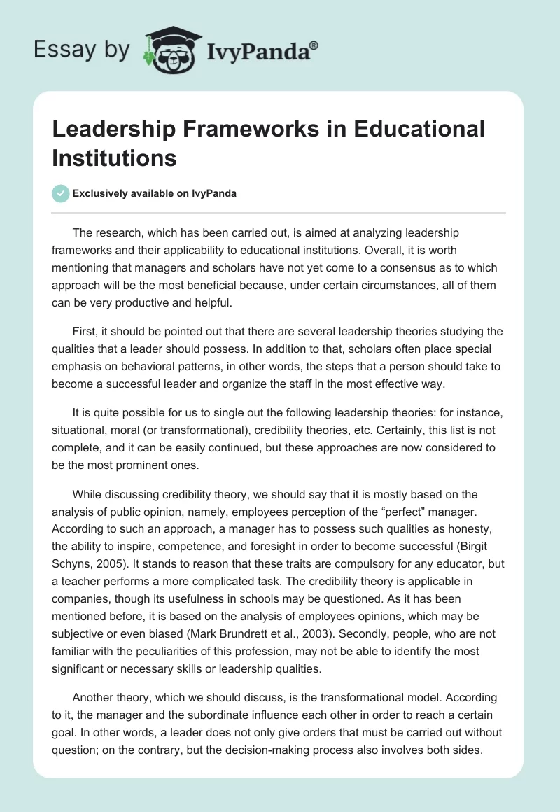 Leadership Frameworks in Educational Institutions. Page 1