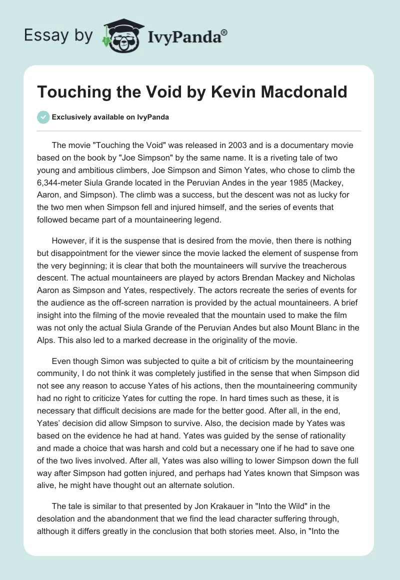 "Touching the Void" by Kevin Macdonald. Page 1