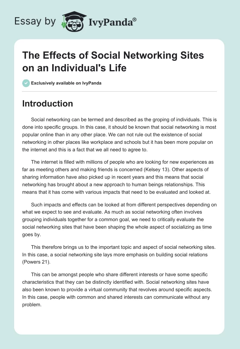 The Effects of Social Networking Sites on an Individual's Life. Page 1
