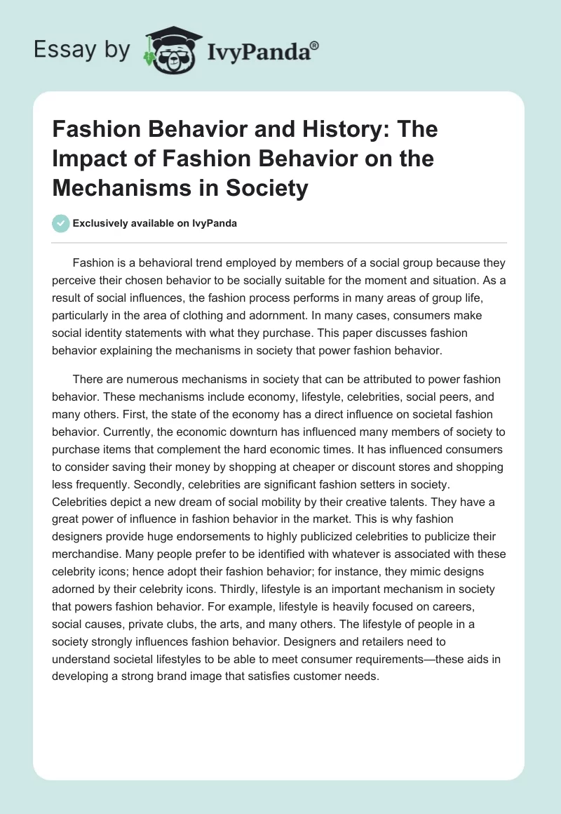 Fashion Behavior and History: The Impact of Fashion Behavior on the Mechanisms in Society. Page 1