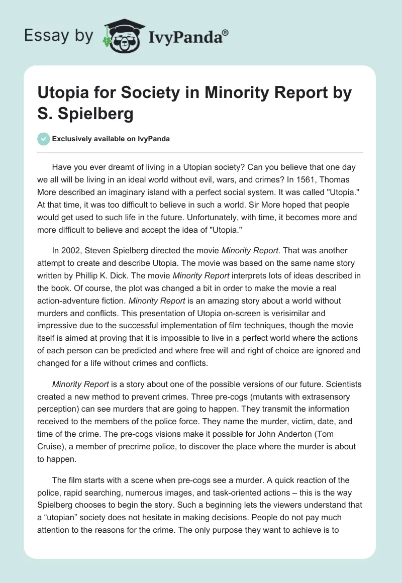 Utopia for Society in "Minority Report" by S. Spielberg. Page 1