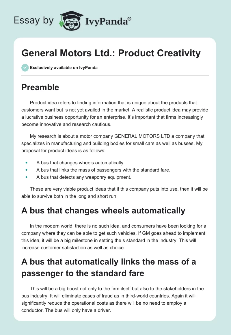General Motors Ltd.: Product Creativity. Page 1