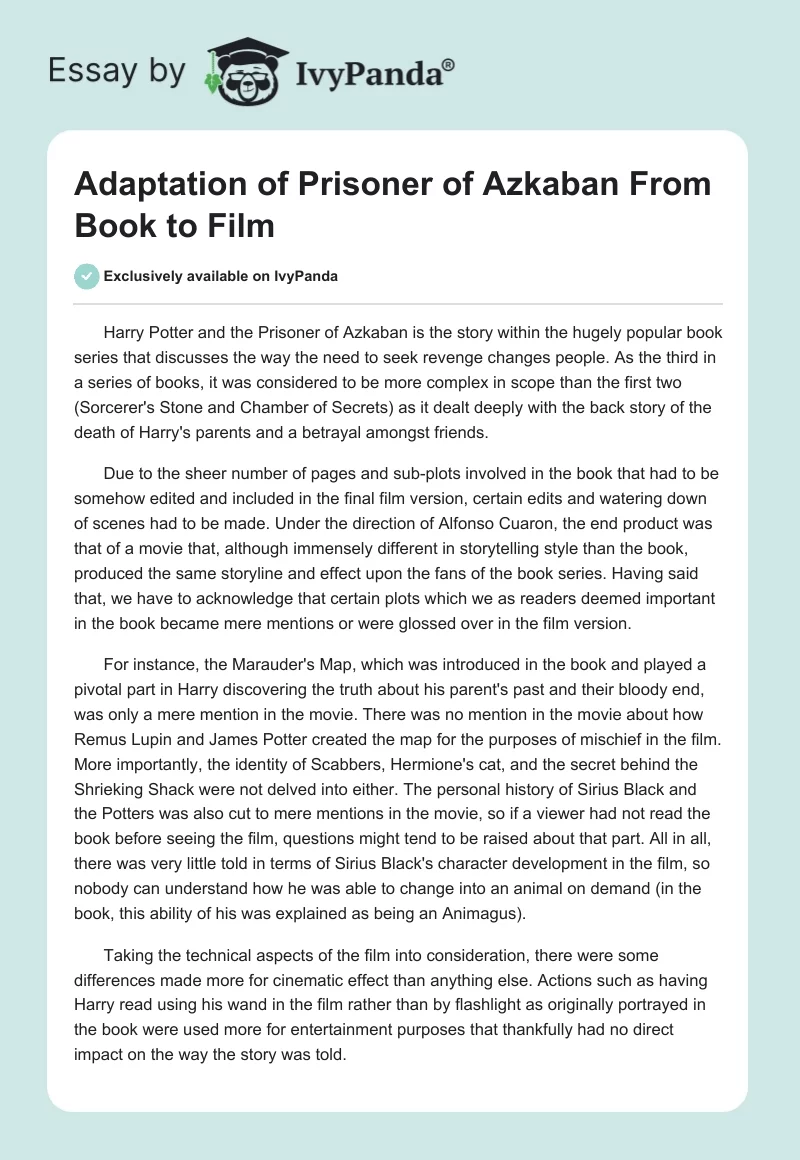 Adaptation of Prisoner of Azkaban From Book to Film. Page 1