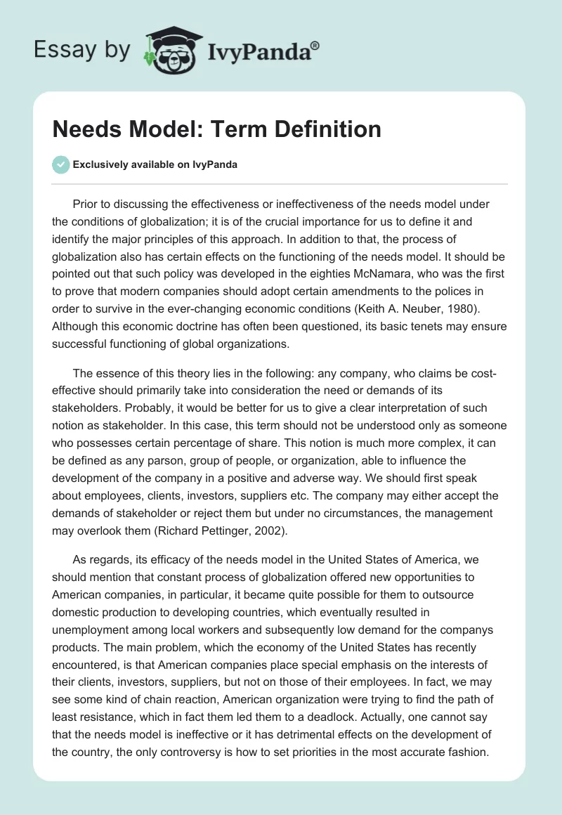 Needs Model: Term Definition. Page 1