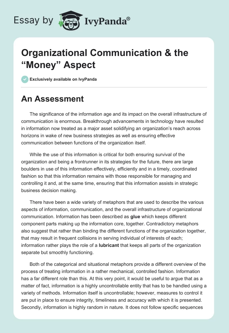 Organizational Communication & the “Money” Aspect. Page 1