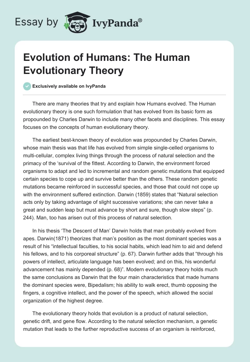 Evolution of Humans: The Human Evolutionary Theory. Page 1
