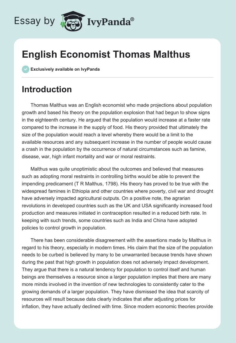 English Economist Thomas Malthus. Page 1