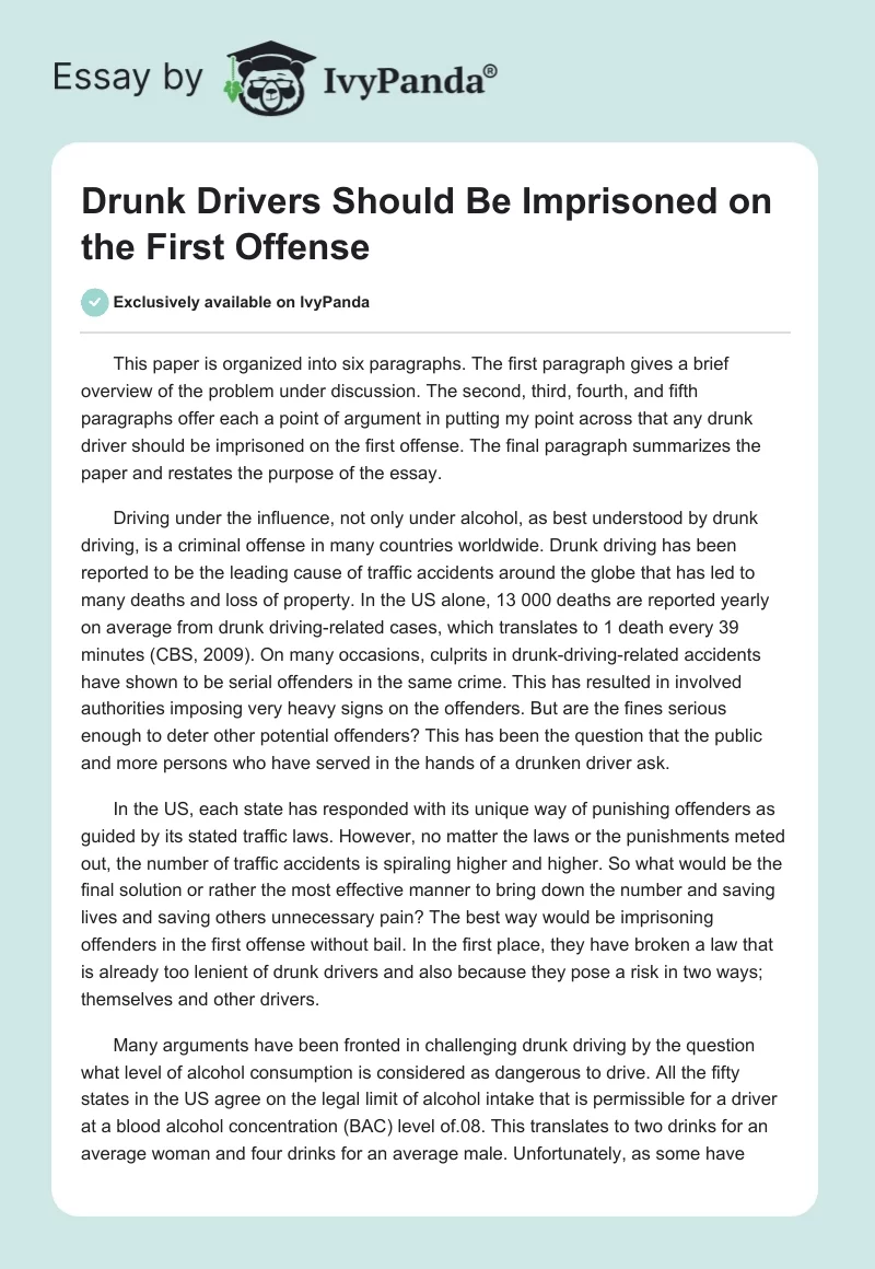 Drunk Drivers Should Be Imprisoned on the First Offense. Page 1