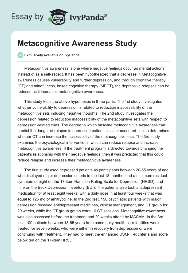 Metacognitive Awareness Study. Page 1