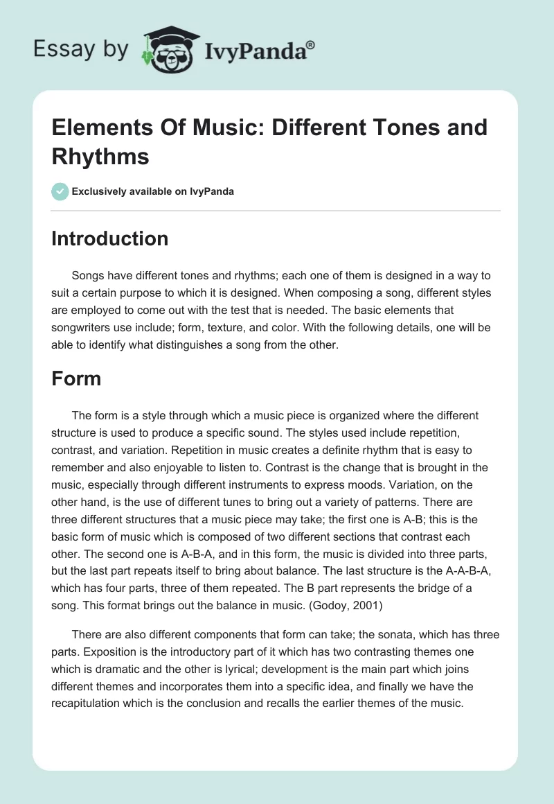 Elements Of Music: Different Tones and Rhythms. Page 1