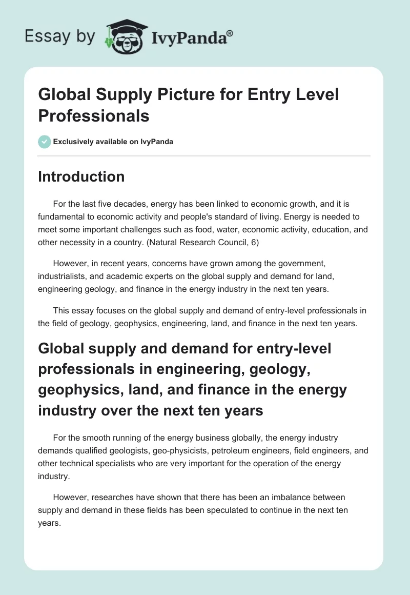 Global Supply Picture for Entry Level Professionals. Page 1