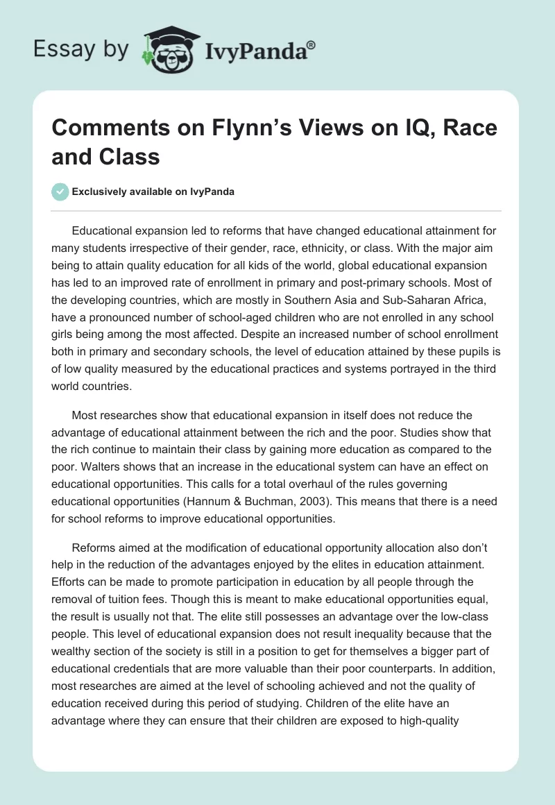 Comments on Flynn’s Views on IQ, Race and Class. Page 1