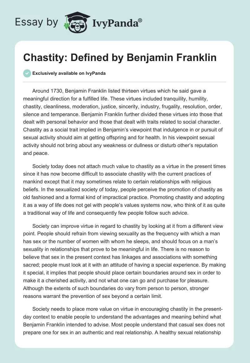 Chastity: Defined by Benjamin Franklin. Page 1