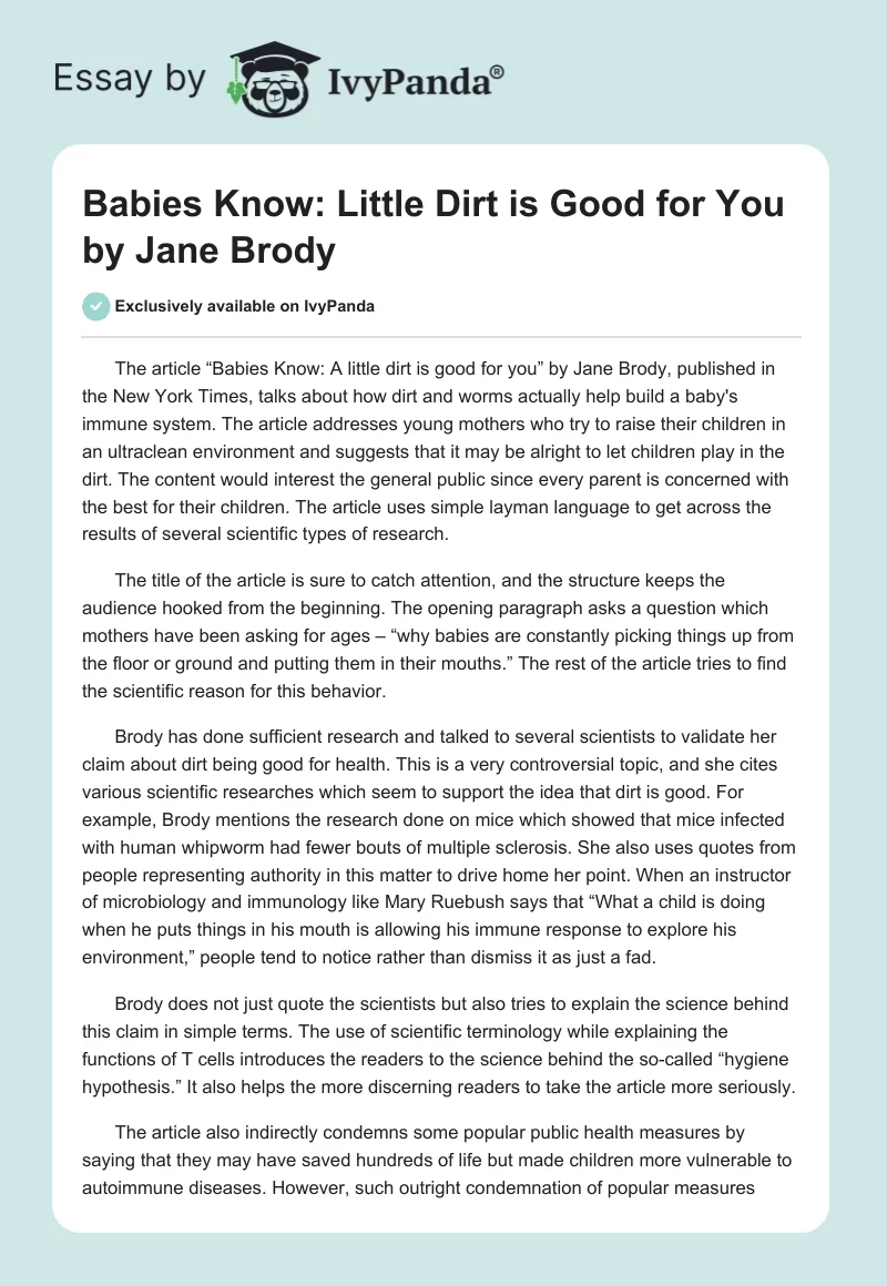 Babies Know: Little Dirt is Good for You by Jane Brody. Page 1