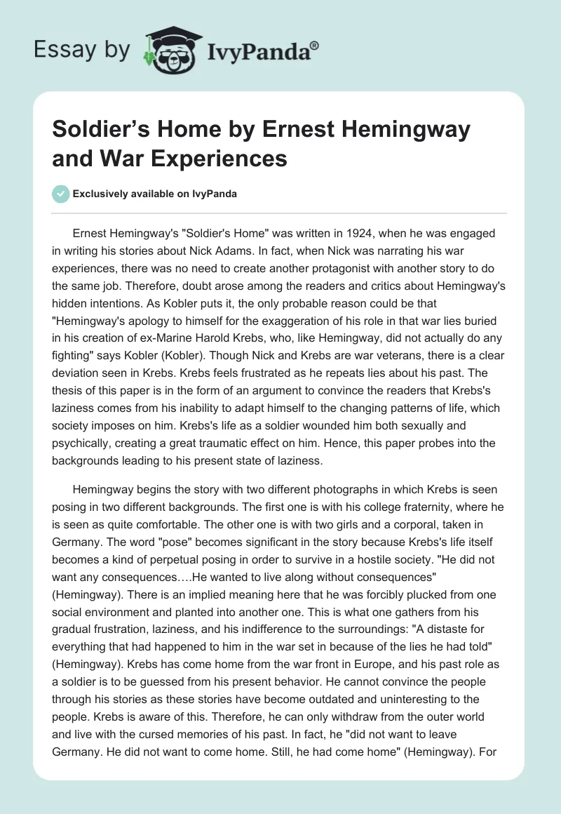 Soldier’s Home by Ernest Hemingway and War Experiences. Page 1