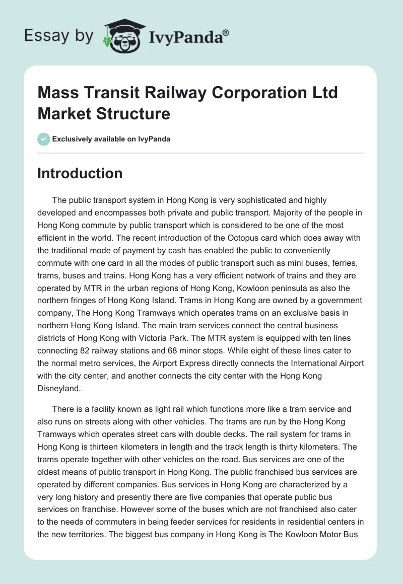 Mass Transit Railway Corporation Ltd Market Structure. Page 1