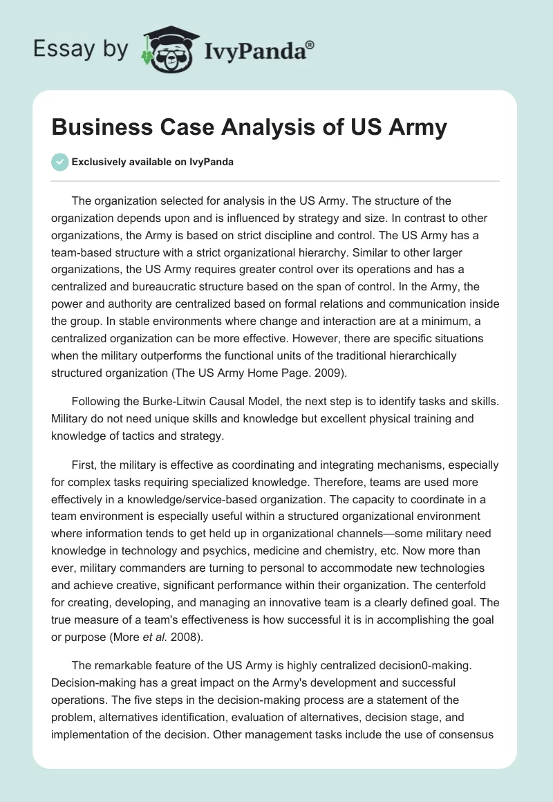 Business Case Analysis of US Army. Page 1