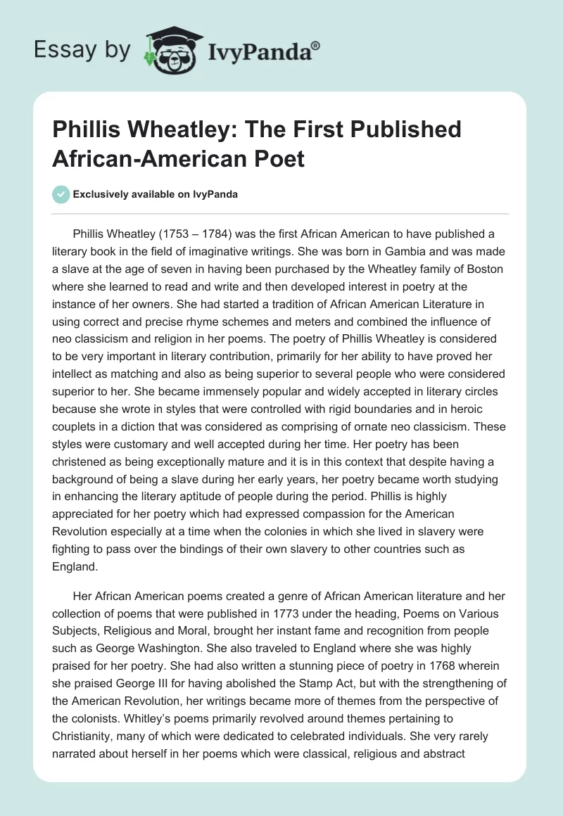 Phillis Wheatley: The First Published African-American Poet. Page 1