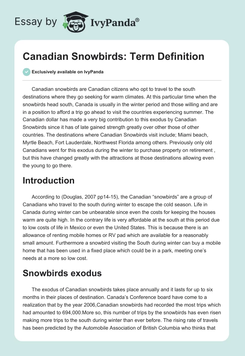 Canadian Snowbirds: Term Definition. Page 1