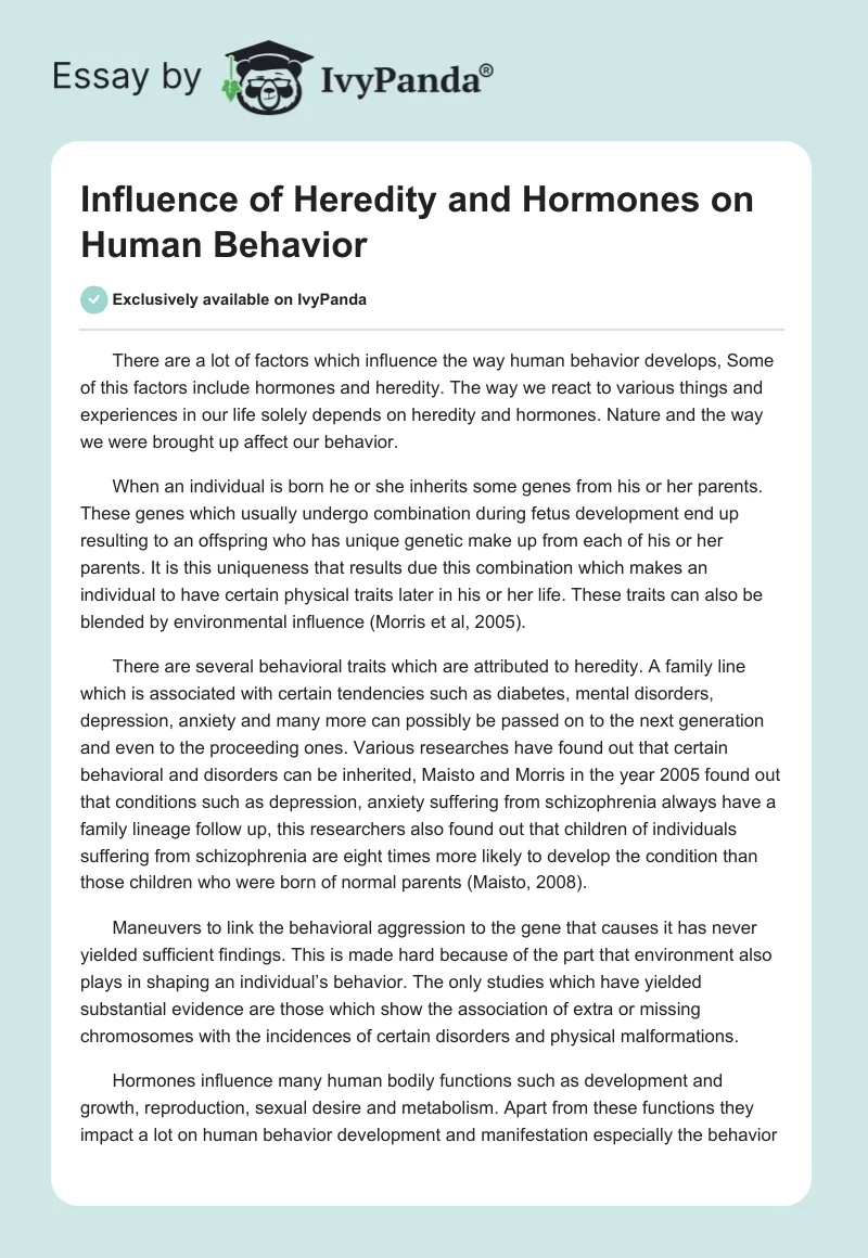 Influence of Heredity and Hormones on Human Behavior. Page 1