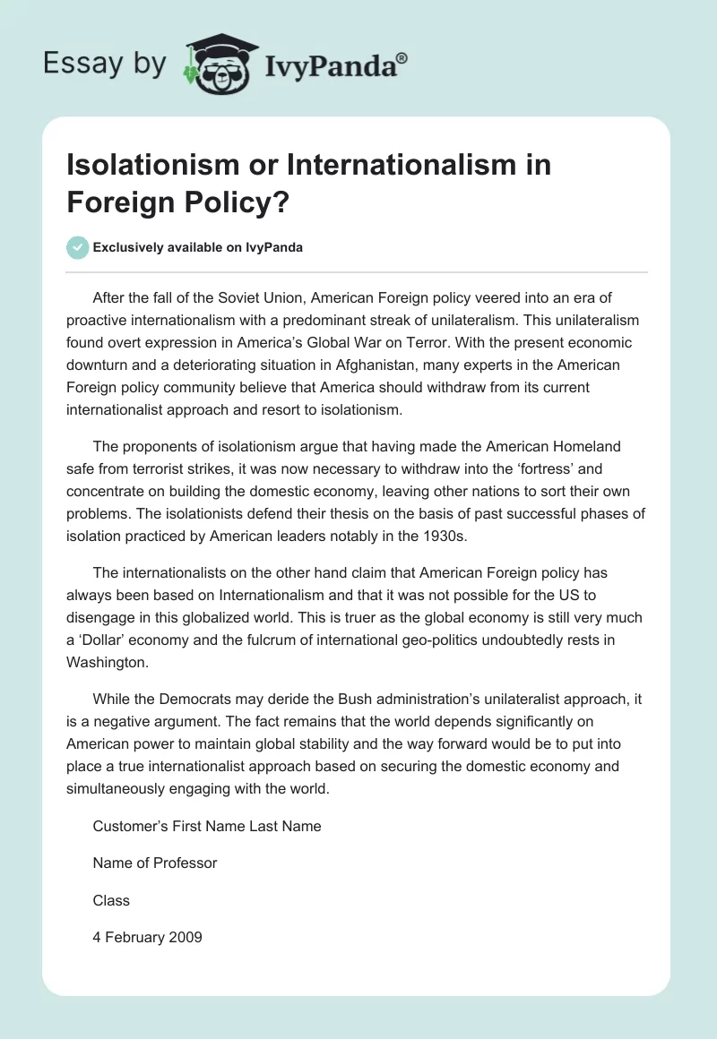 Isolationism or Internationalism in Foreign Policy?. Page 1