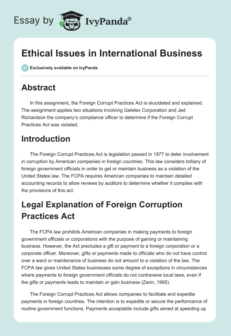 Ethical Issues in International Business. Page 1