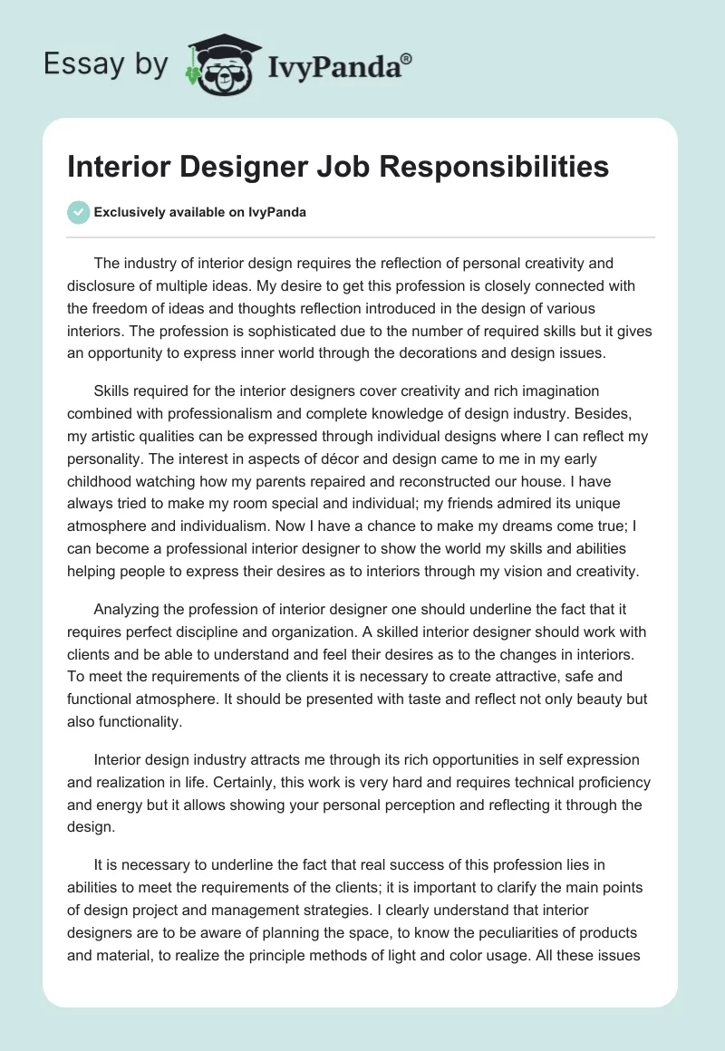 Interior Designer Job Responsibilities 461 Words Essay Example