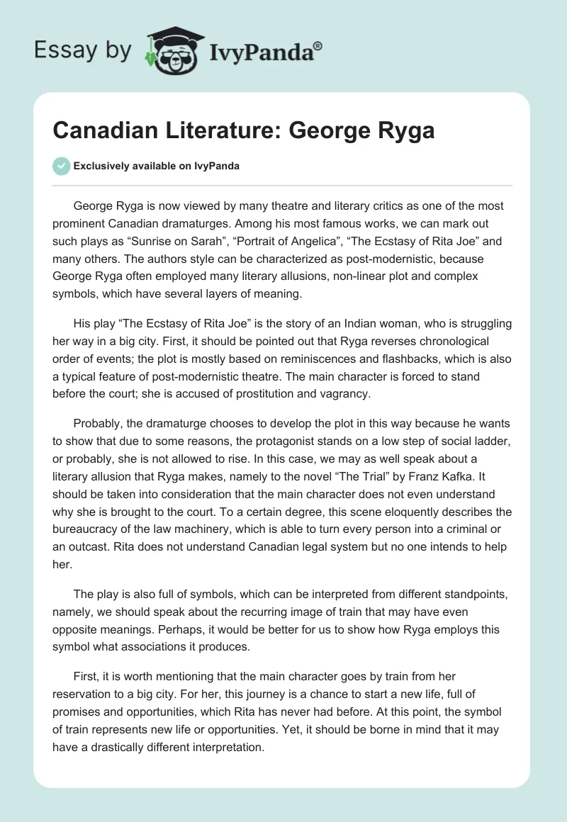Canadian Literature: George Ryga. Page 1