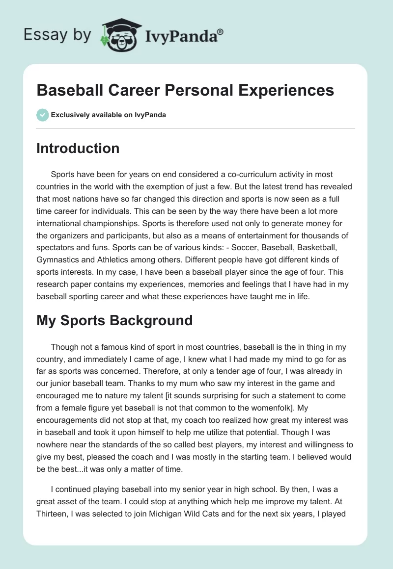 Baseball Career Personal Experiences. Page 1