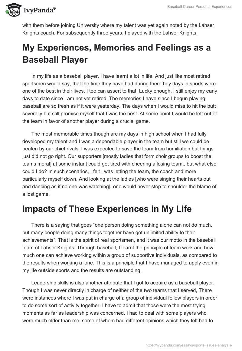 Baseball Career Personal Experiences. Page 2
