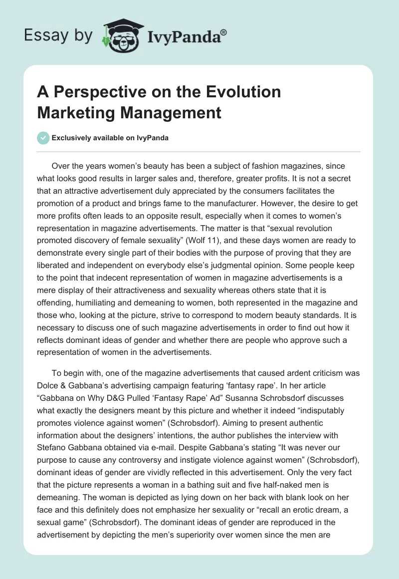 A Perspective on the Evolution Marketing Management. Page 1
