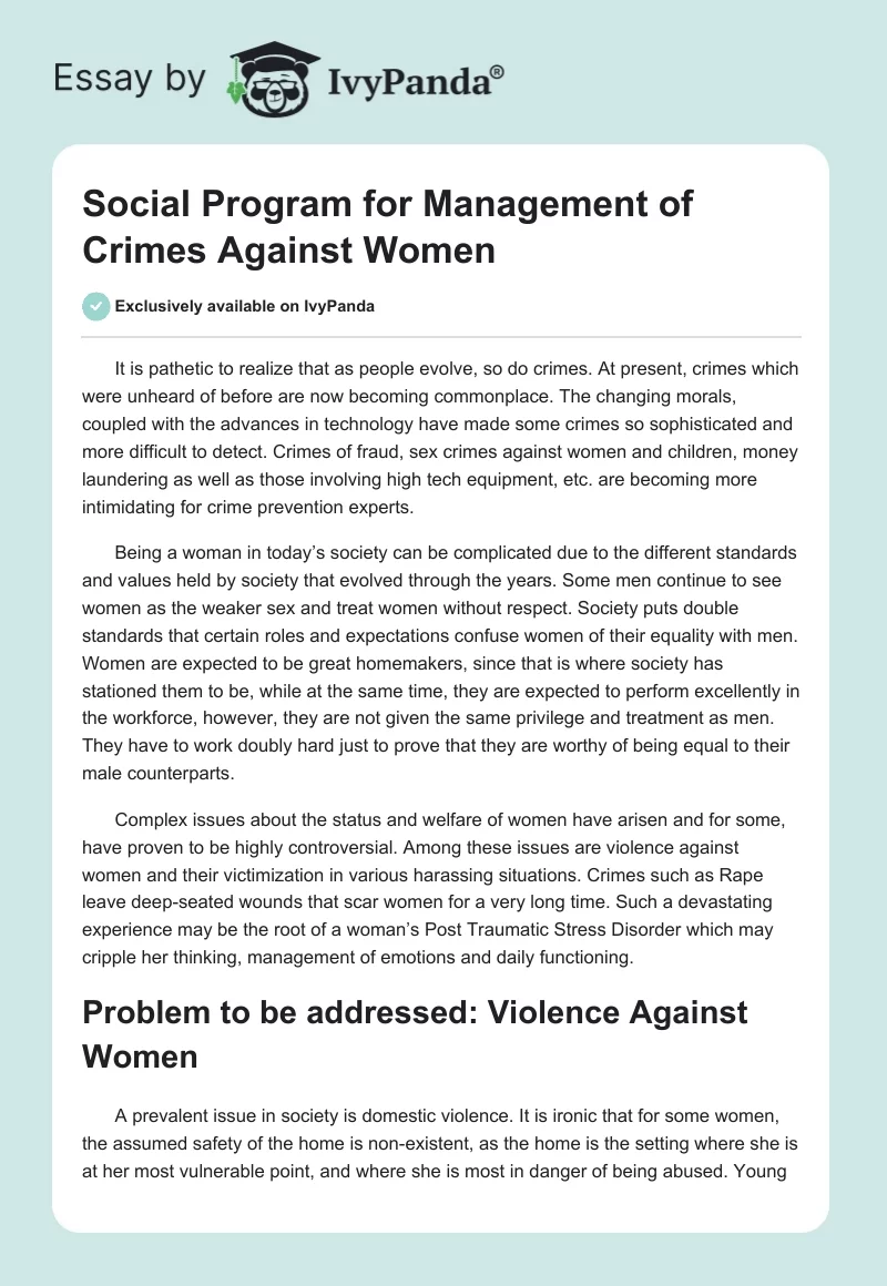 Social Program for Management of Crimes Against Women. Page 1