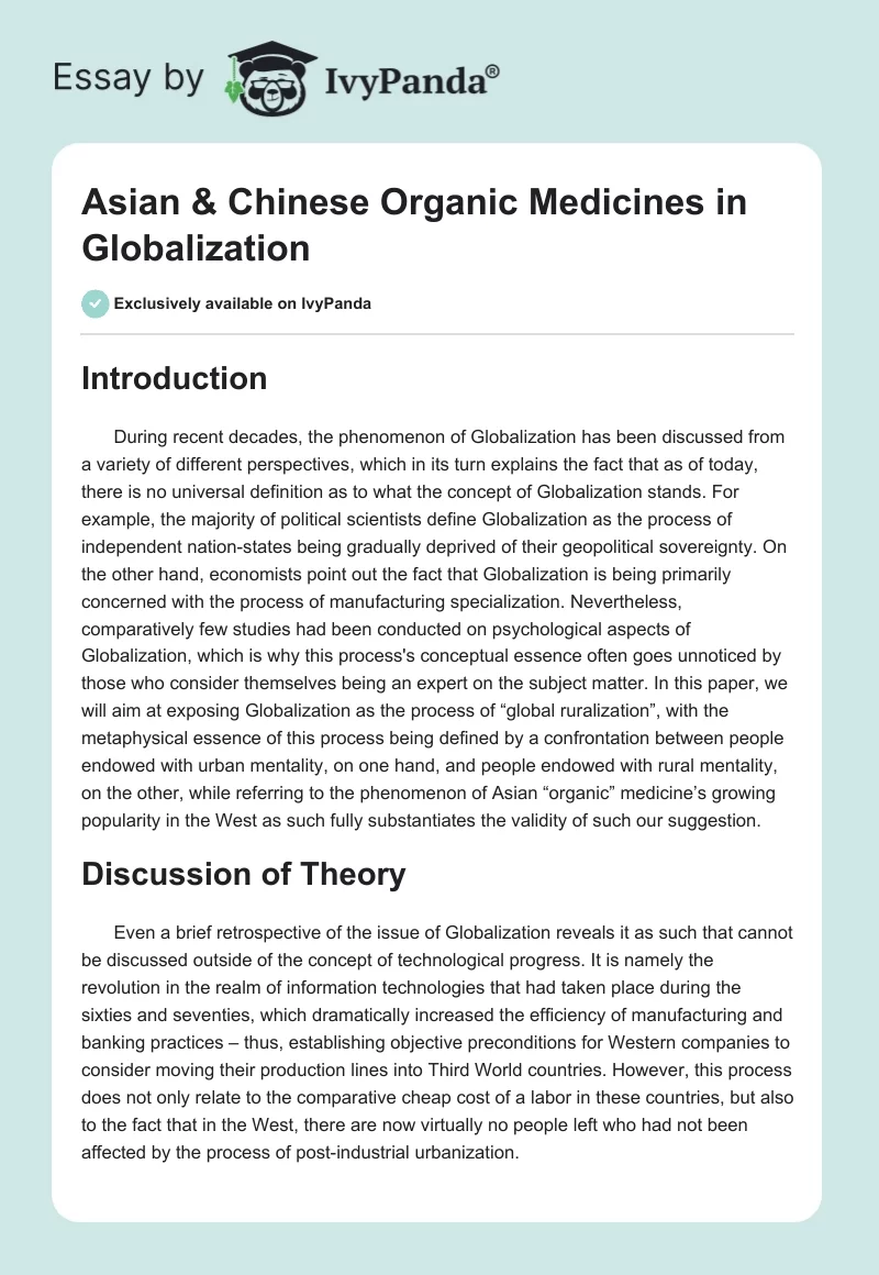 Asian & Chinese Organic Medicines in Globalization. Page 1