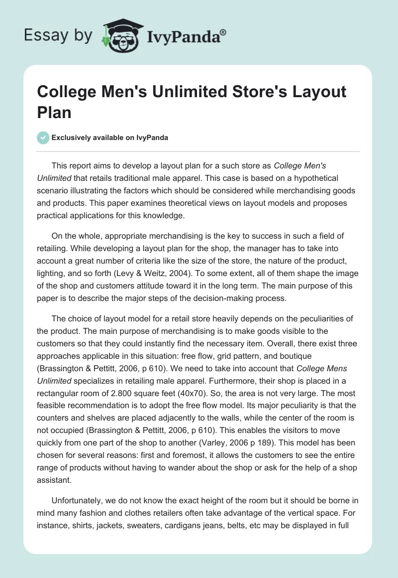 College Men's Unlimited Store's Layout Plan. Page 1